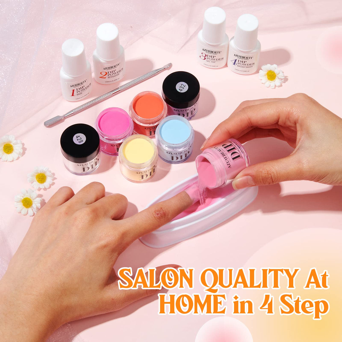 AZUREBEAUTY dip powder kit packaging with pastel colours
