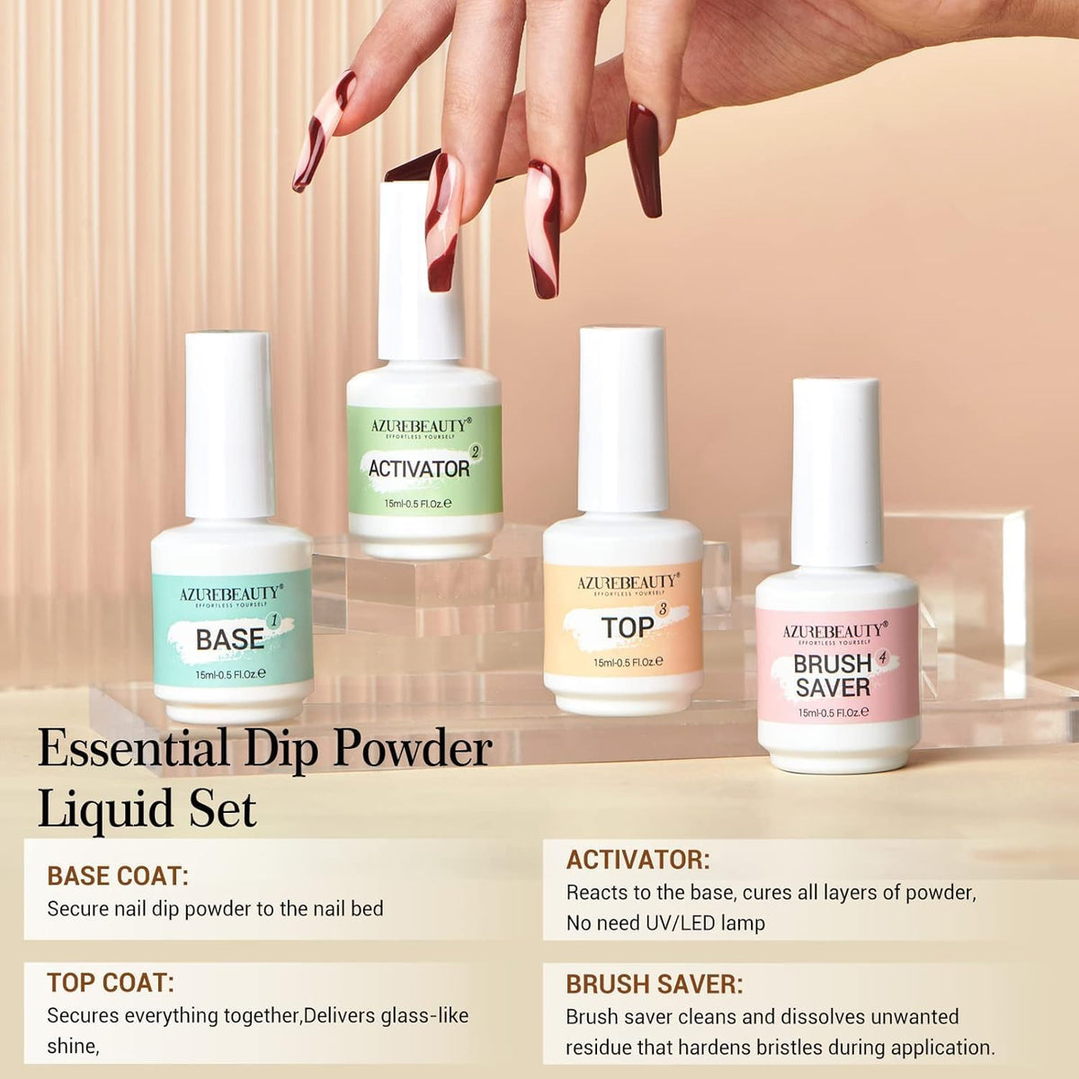 AZUREBEAUTY Dip Powder Liquid Set packaging with all included items