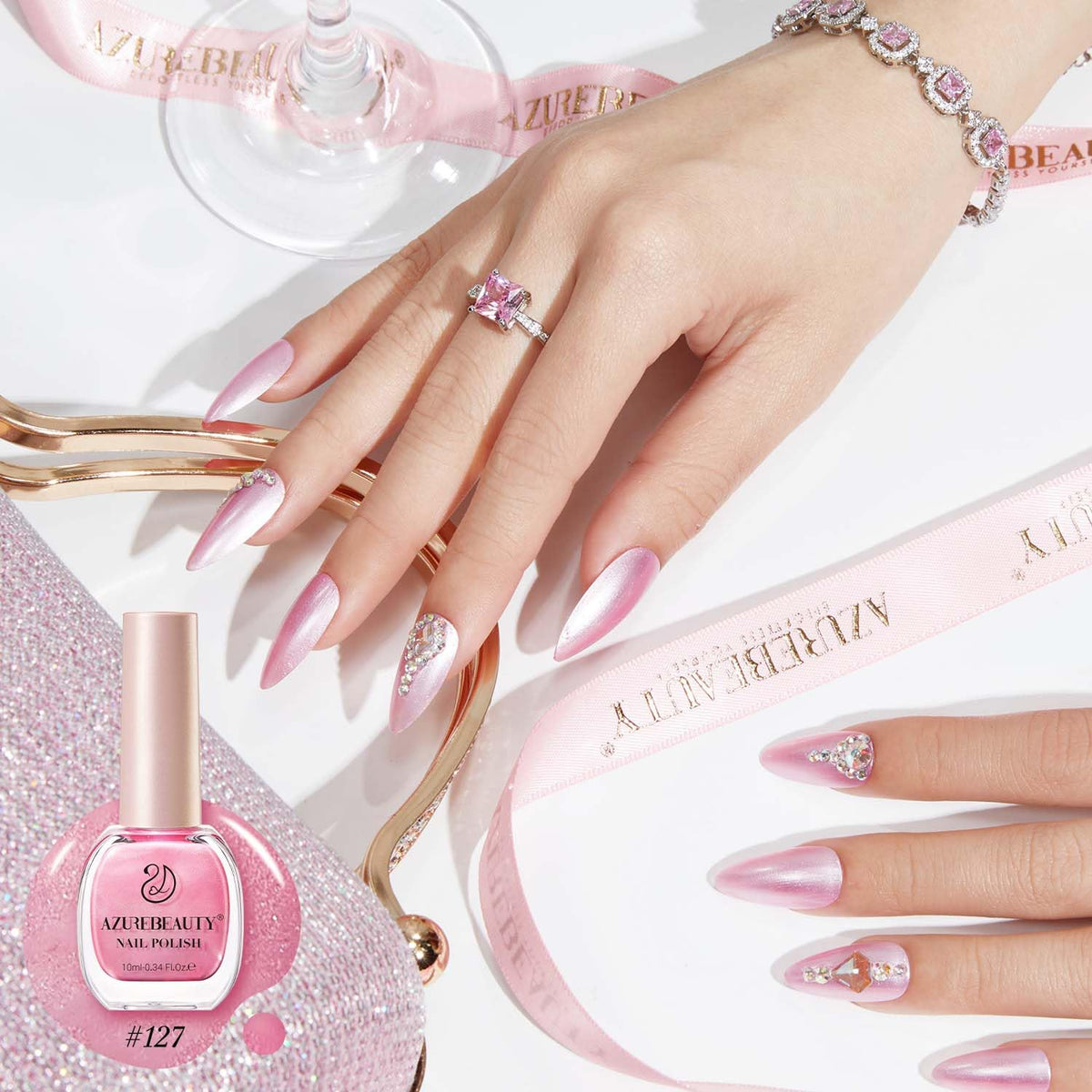AZUREBEAUTY Shimmery Rose Pink Nail Polish applied on nails