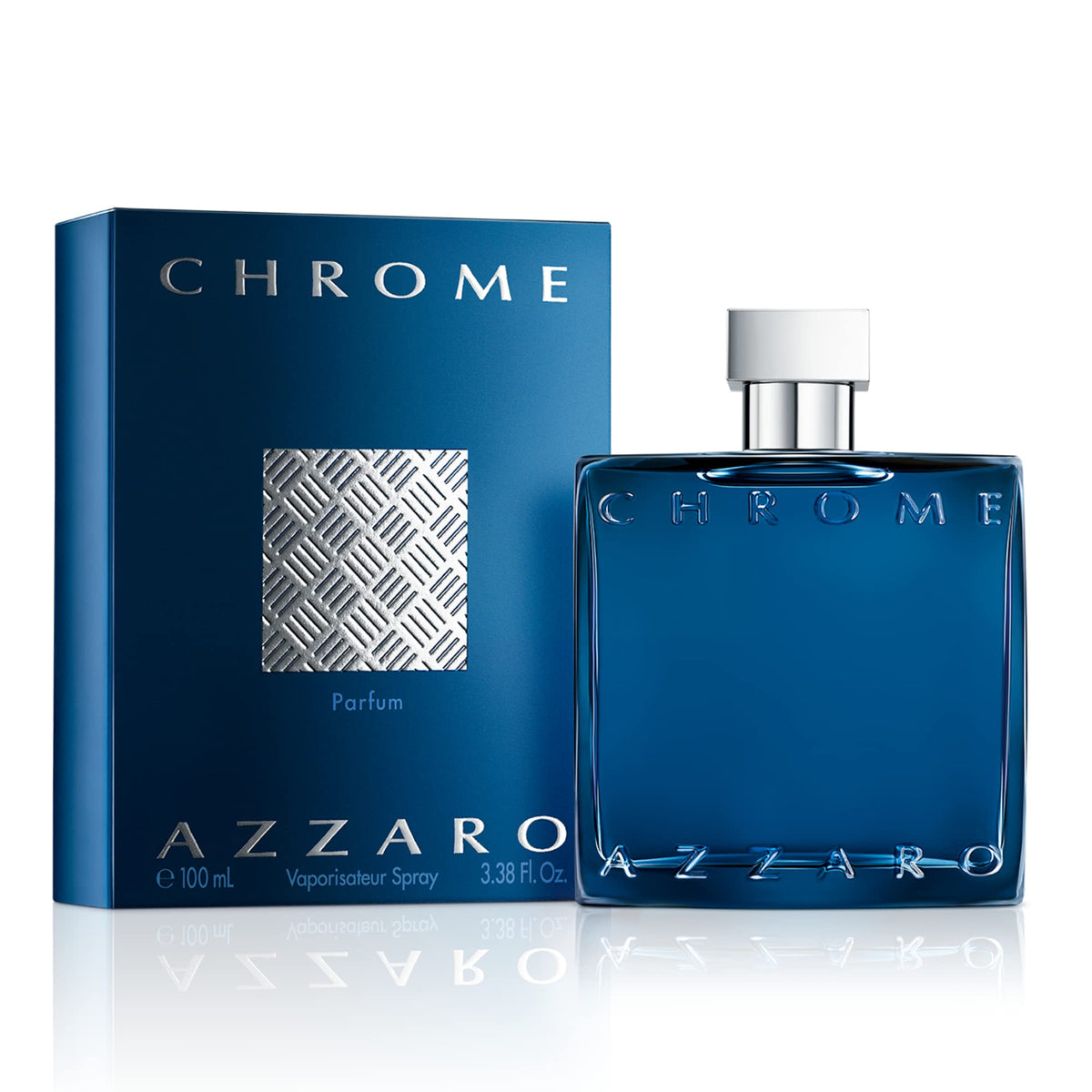 Azzaro Chrome Parfum 3.4 Fl Oz front view with blue bottle