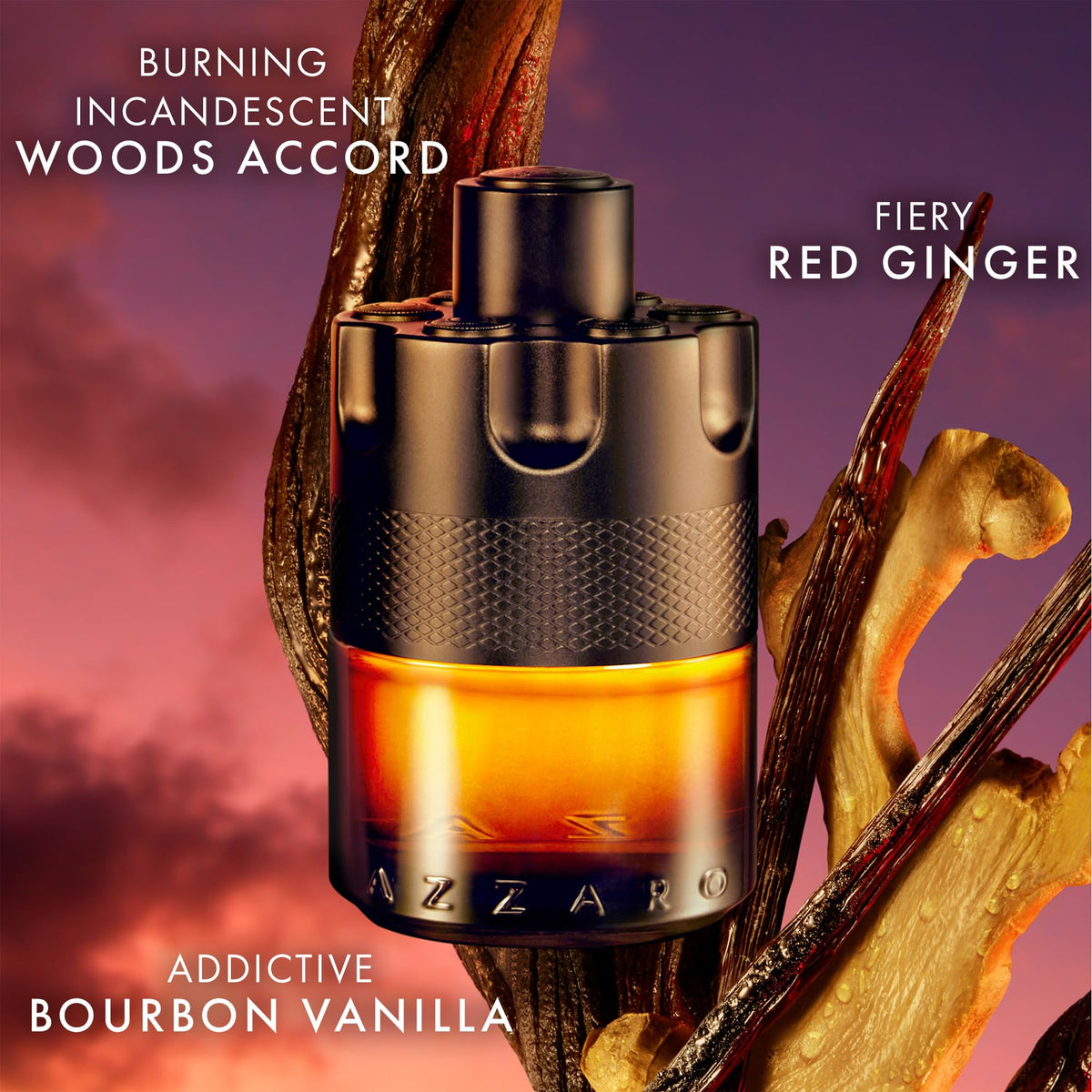 Azzaro The Most Wanted Parfum side view showcasing barrel-shaped design