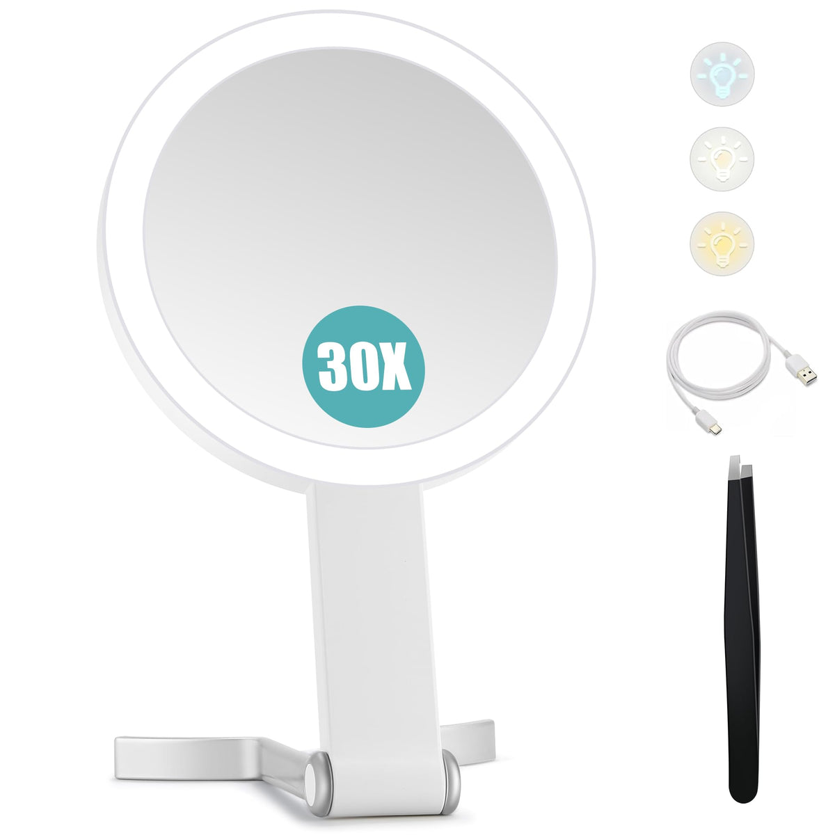 B Beauty Planet 30x/1x Magnifying Travel Mirror front view with adjustable lighting