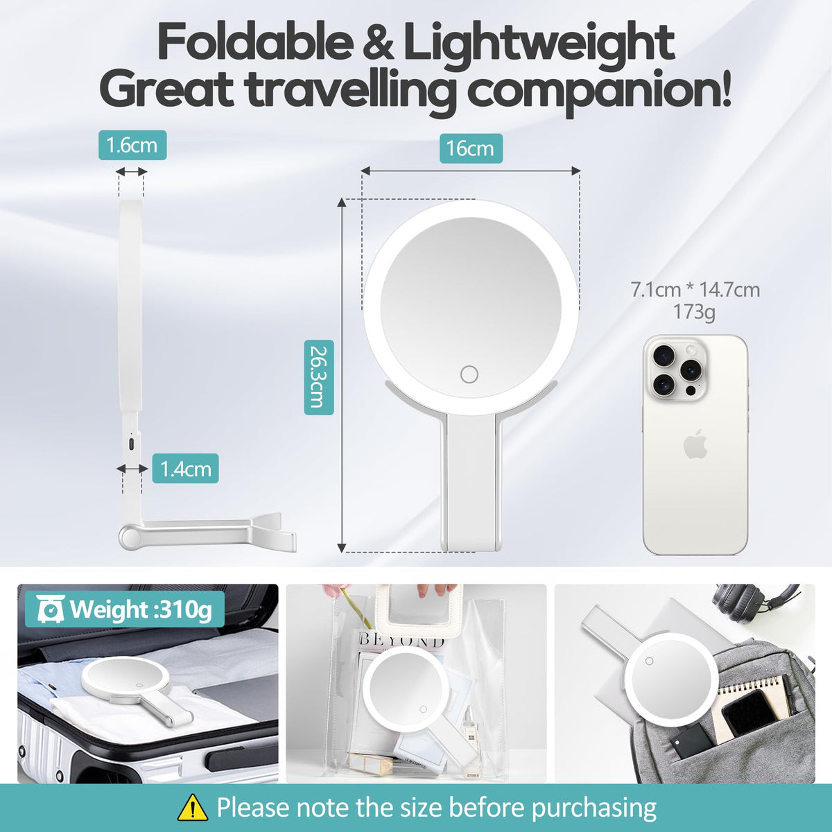 B Beauty Planet 30x/1x Magnifying Travel Mirror on tabletop with warm light