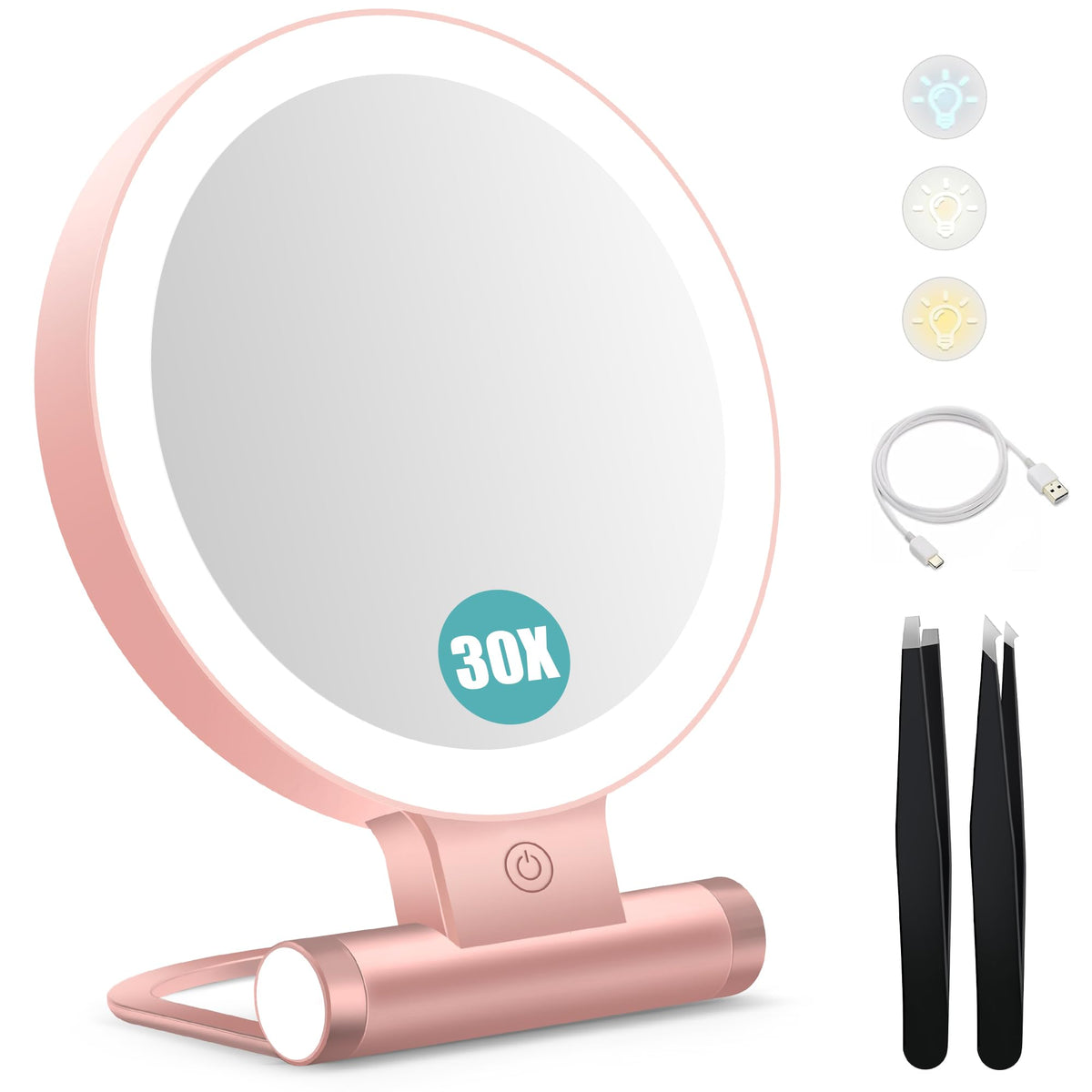 B Beauty Planet 30X Magnifying Mirror front view in Rose Gold