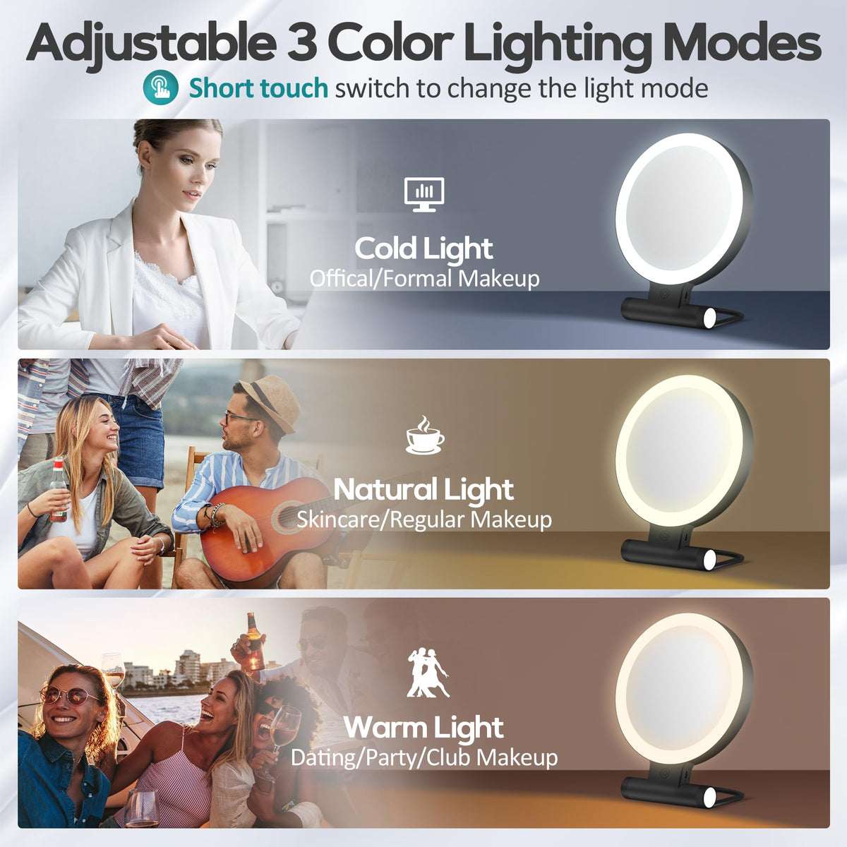 B Beauty Planet 30X Magnifying Mirror showing adjustable brightness feature
