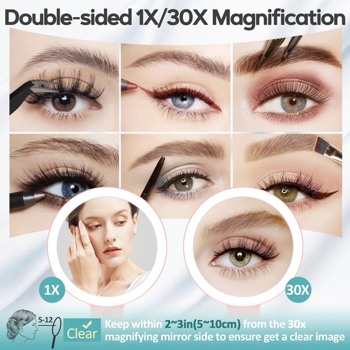 B Beauty Planet 30X Magnifying Mirror showing light settings