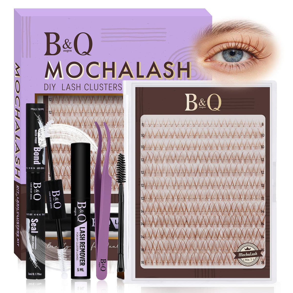 B&Qaugen Brown Lash Clusters Kit front view with various lash lengths