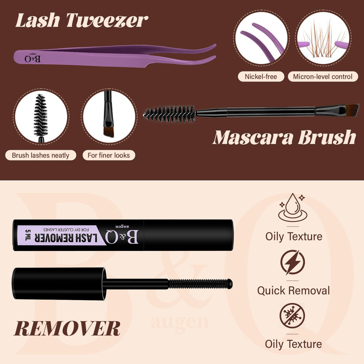 B&Qaugen Brown Lash Clusters Kit showing different lash styles
