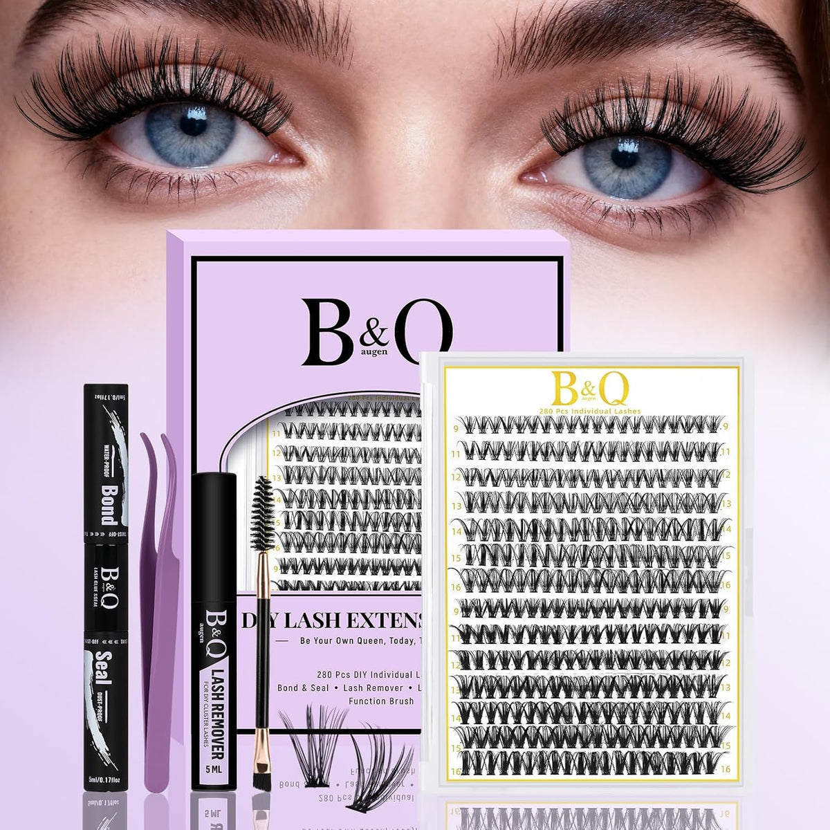 B&Qaugen Lash Clusters Kit 280PCS front view with included tools