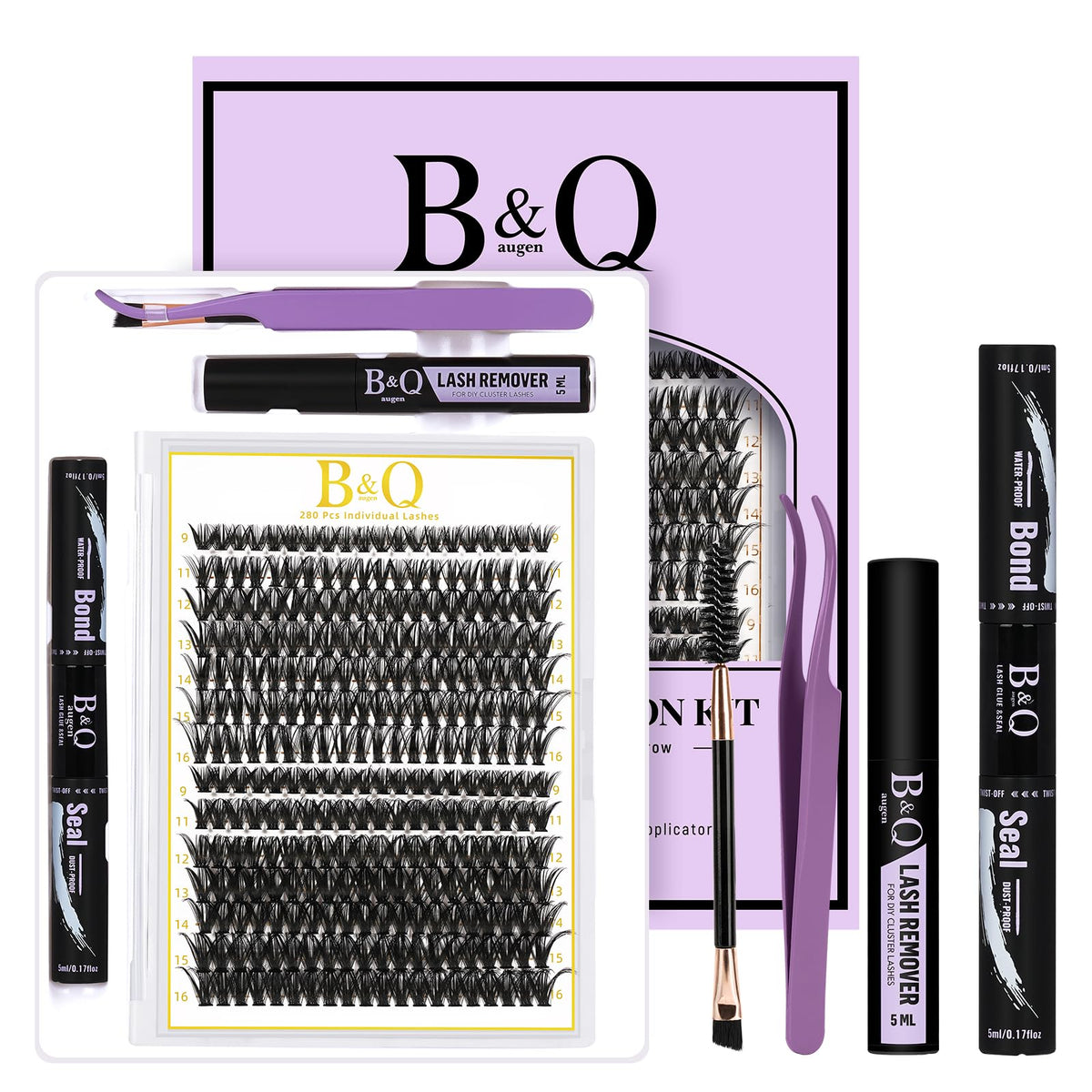 B&Qaugen Lash Clusters Kit 280PCS front view with individual lash clusters