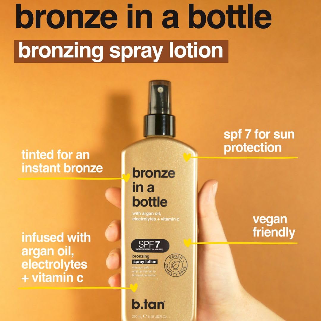 B.TAN Bronzing Tanning Lotion Spray application on skin