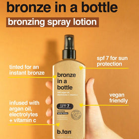 B.TAN Bronzing Tanning Lotion Spray application on skin