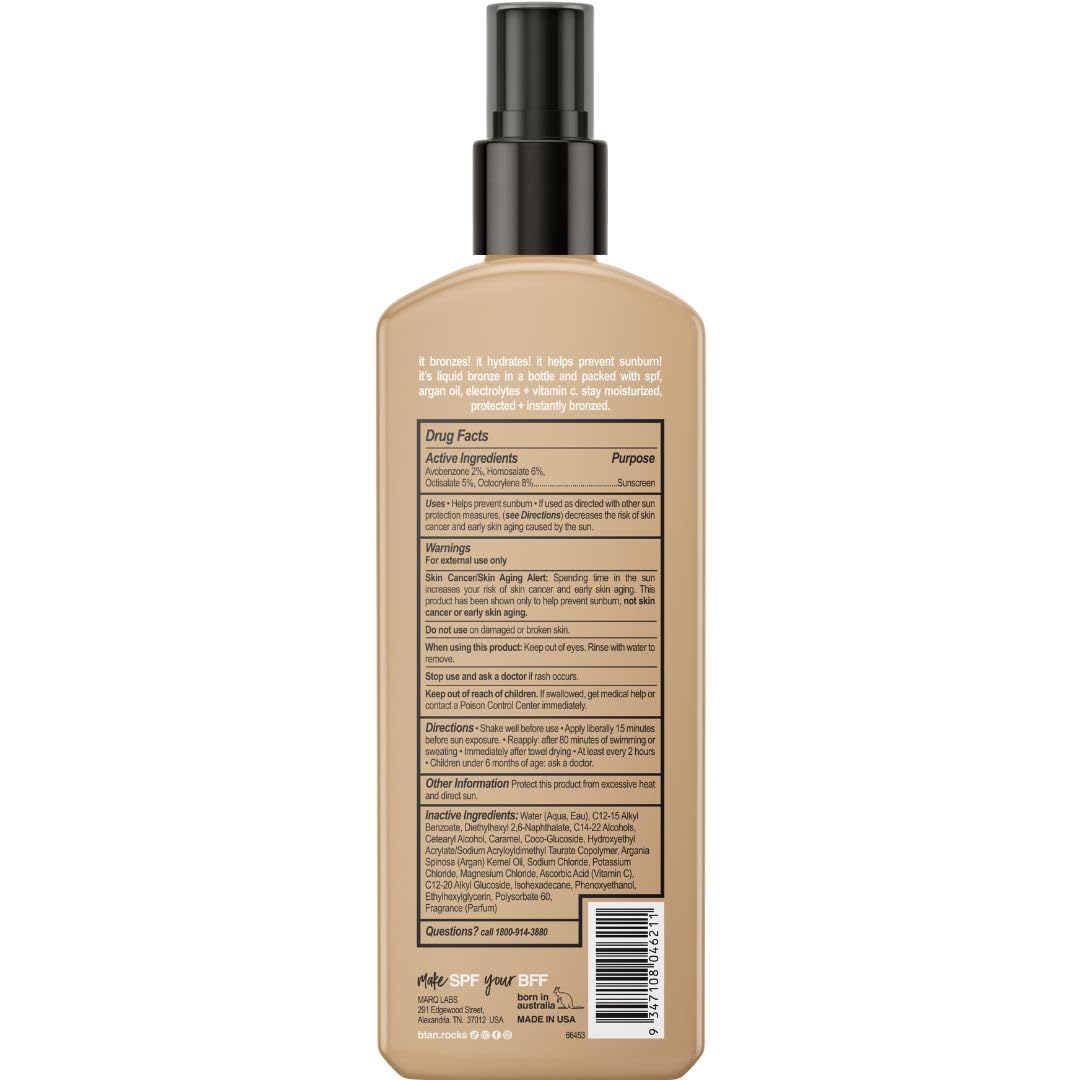 B.TAN Bronzing Tanning Lotion Spray back view with ingredient list