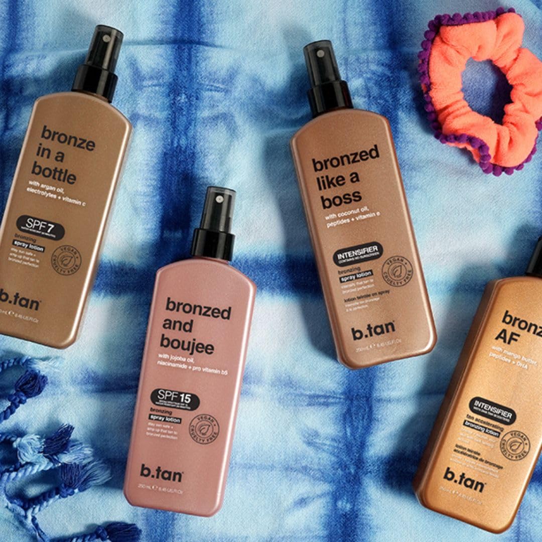 B.TAN Bronzing Tanning Lotion Spray with sun and beach background