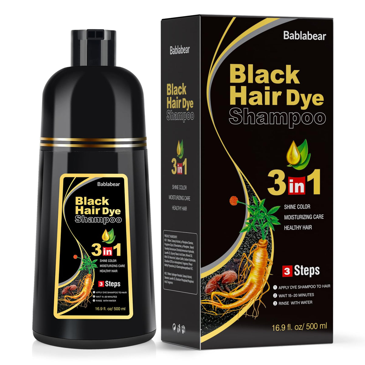 Bablabear Black Hair Dye Shampoo 500ml front view