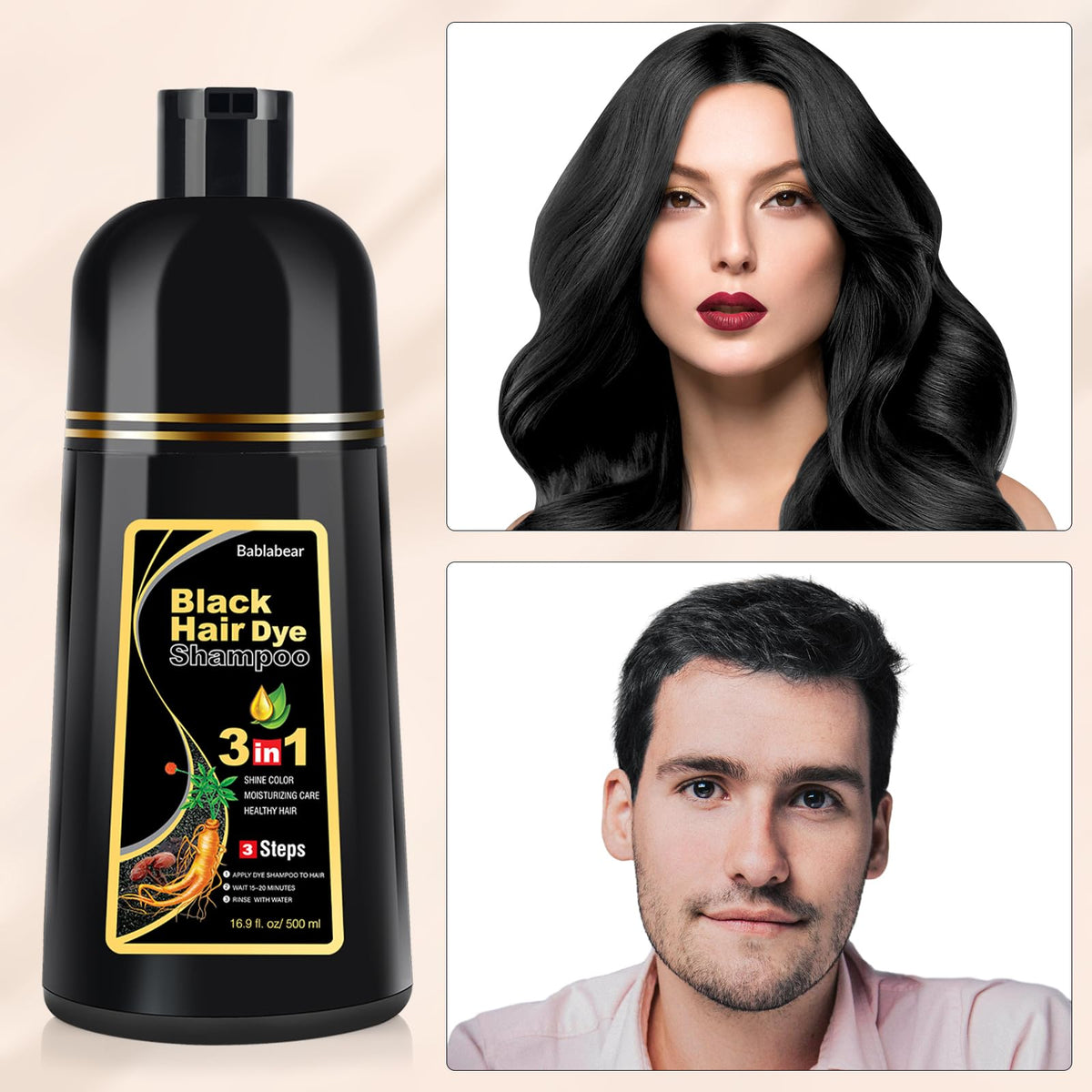 Bablabear Black Hair Dye Shampoo bottle side view