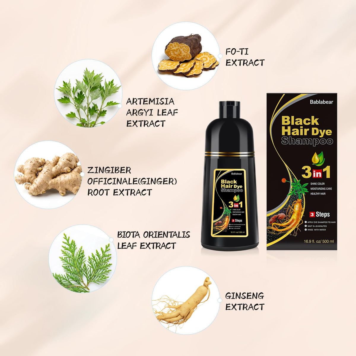 Bablabear Black Hair Dye Shampoo packaging details