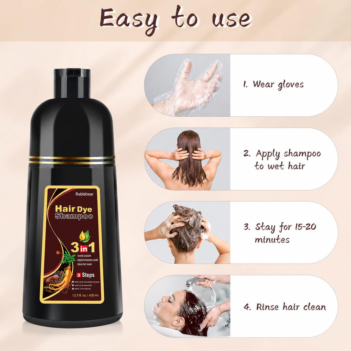 Bablabear Dark Brown Hair Color Shampoo application instructions