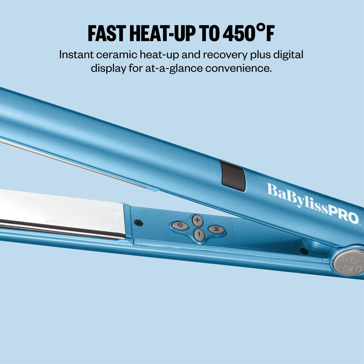 BaBylissPRO Nano Titanium Flat Iron in lifestyle setting on a vanity
