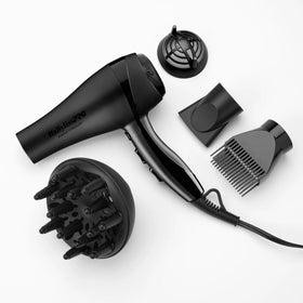 BaBylissPRO Nano Titanium Hair Dryer front view with attachments