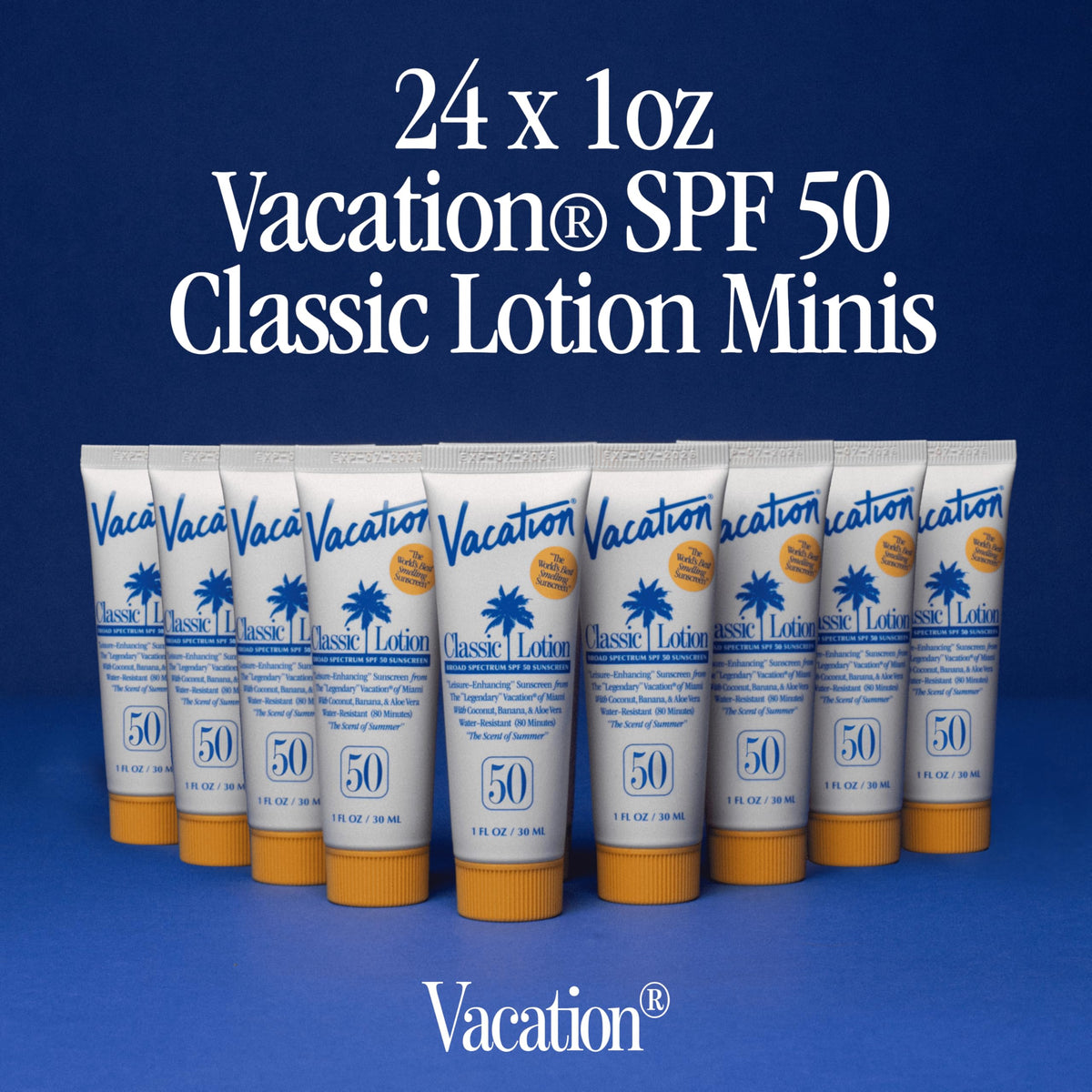 Back of VACATION Mini Classic SPF 50 Sunscreen Lotion packaging