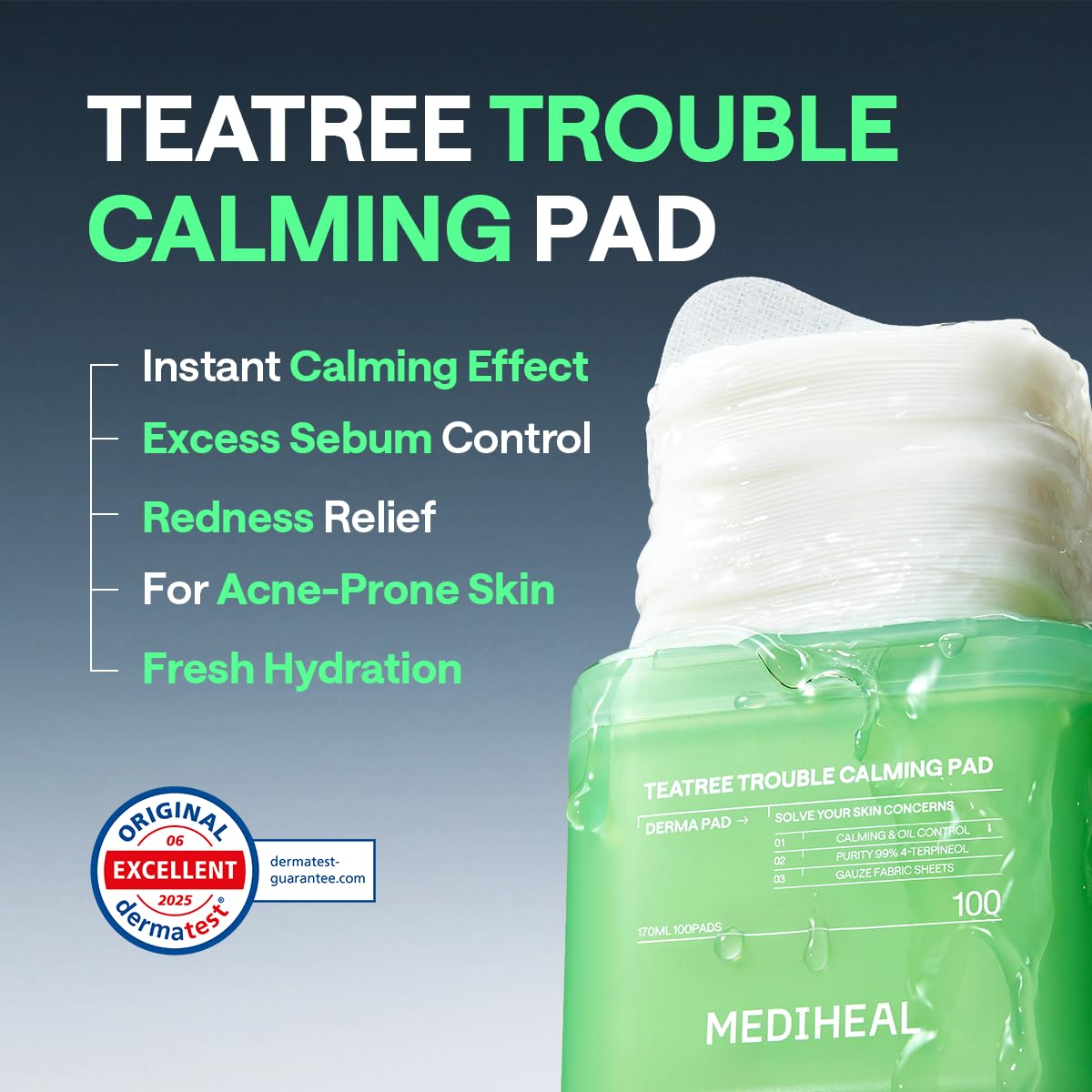 Back packaging of MEDIHEAL Teatree Trouble Calming Toner Pads
