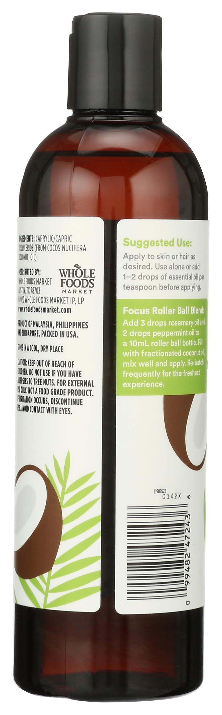 Back view of 365 by Whole Foods Market Moisturizing Fractionated Coconut Oil packaging
