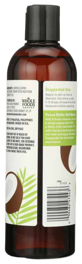 Back view of 365 by Whole Foods Market Moisturizing Fractionated Coconut Oil packaging