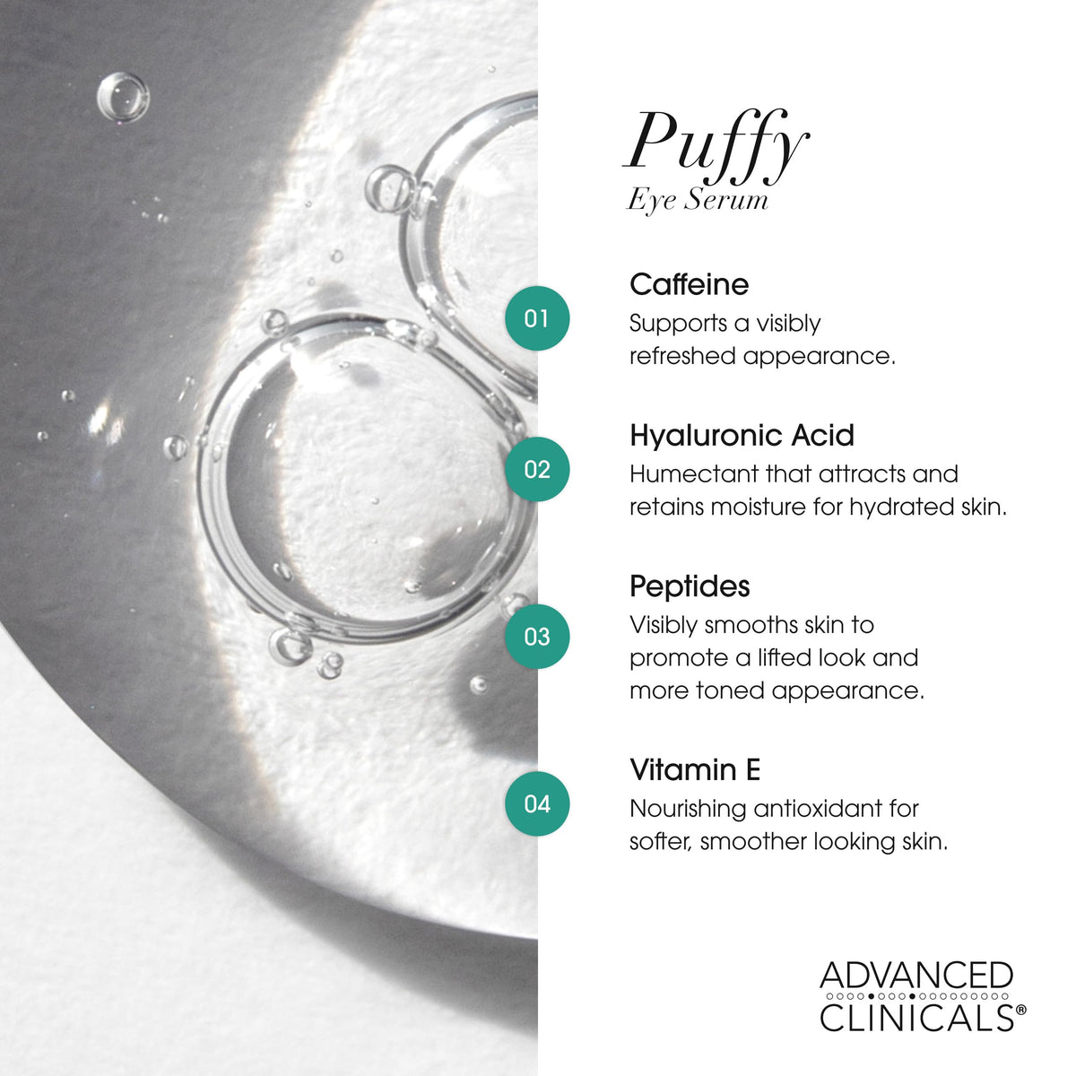 Back view of Advanced Clinicals Puffy Eye Serum packaging