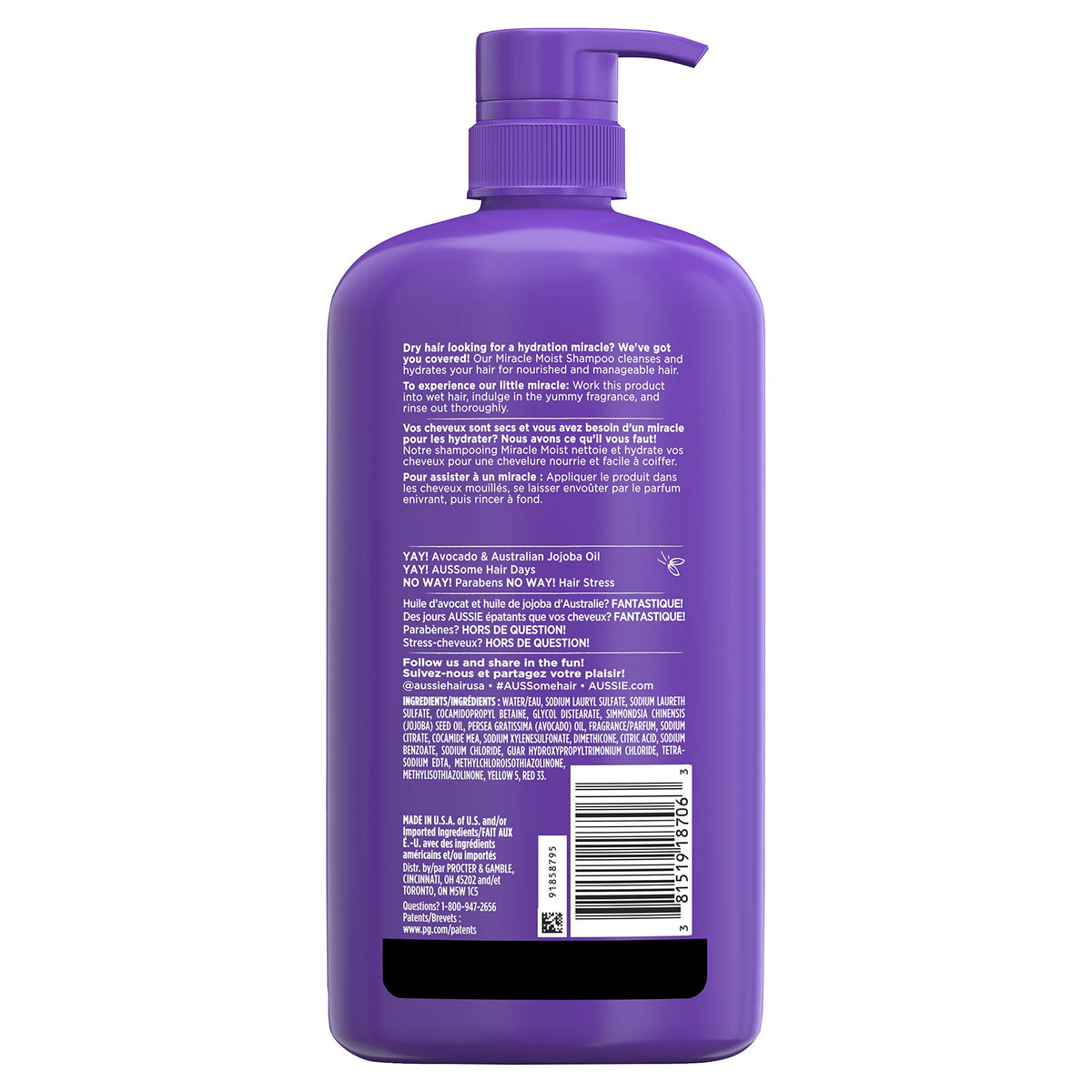 Back view of Aussie Miracle Moist Shampoo 30.4 Fl Oz packaging