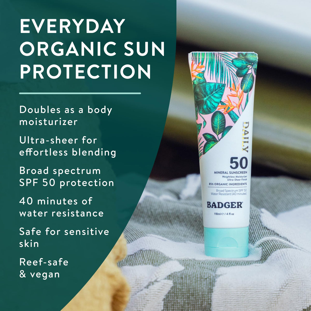 Back view of Badger SPF 50 Daily Mineral Sunscreen tube