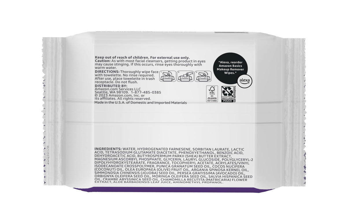 Back view of Basics Makeup Remover Wipes packaging