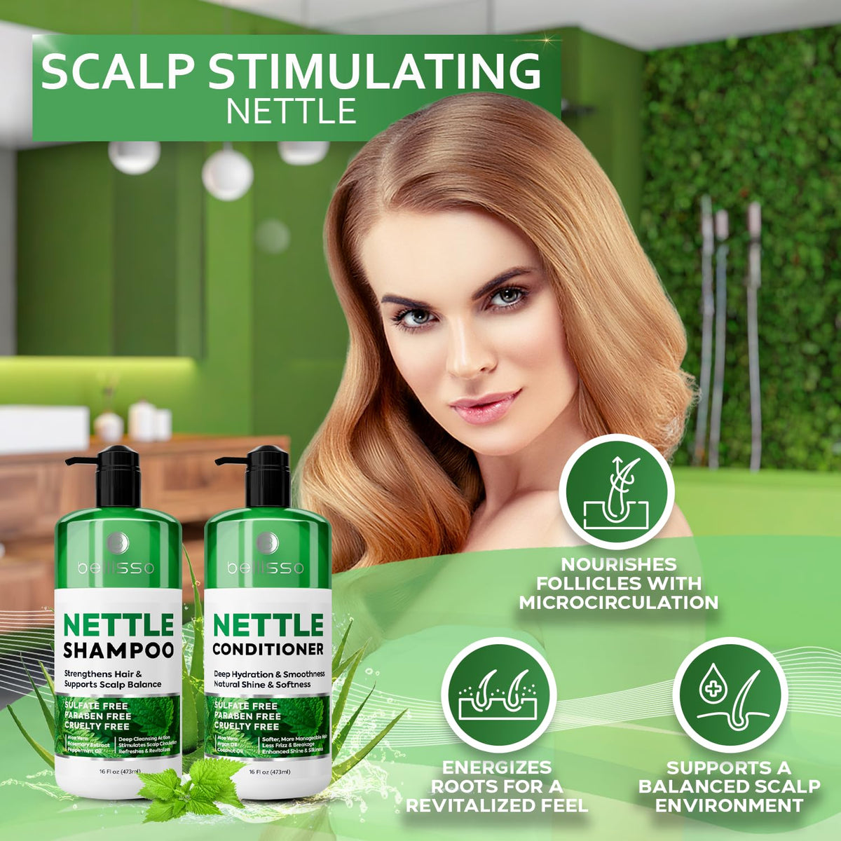 Back view of BELLISSO Nettle Shampoo and Conditioner bottles