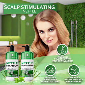 Back view of BELLISSO Nettle Shampoo and Conditioner bottles