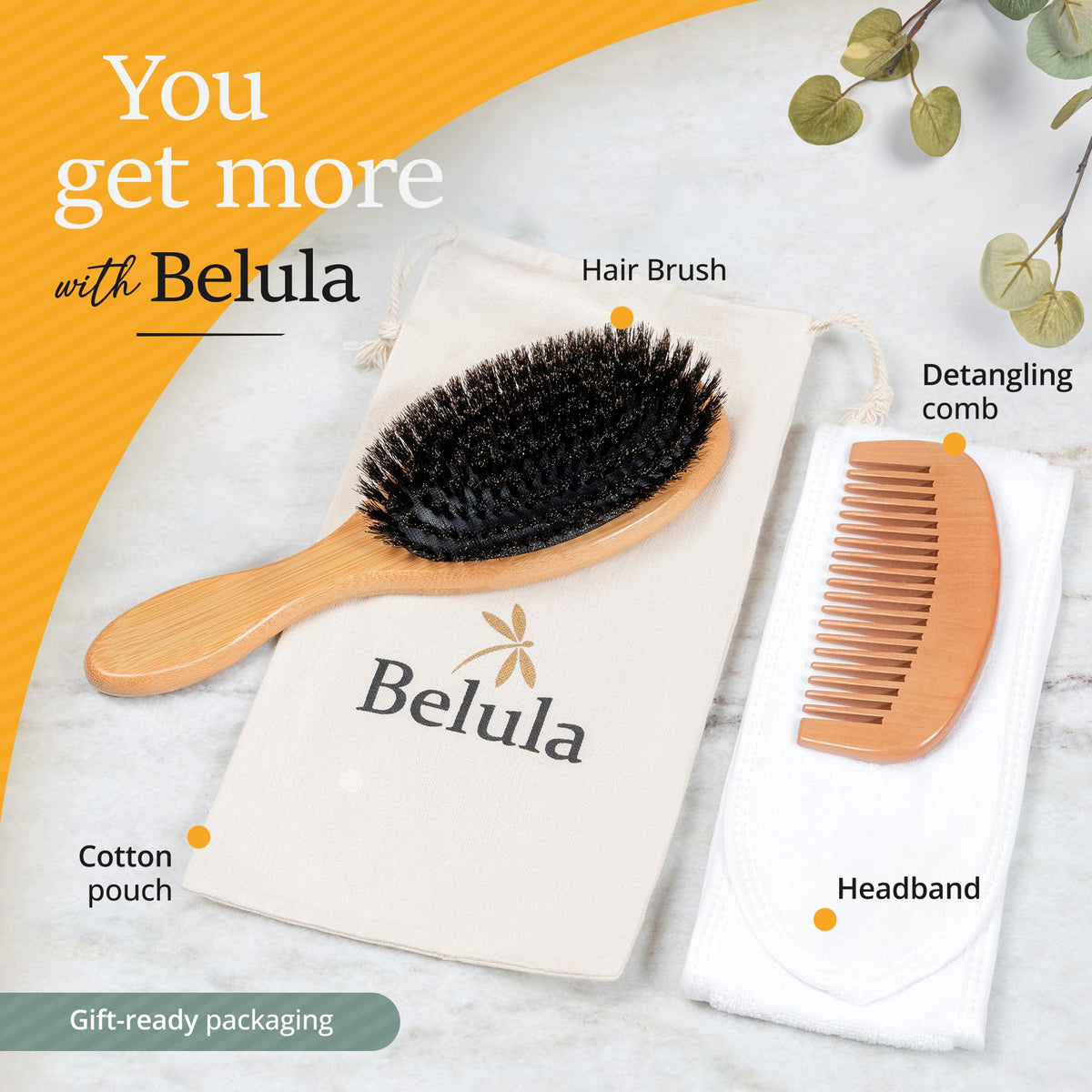 Back view of Belula boar bristle hair brush