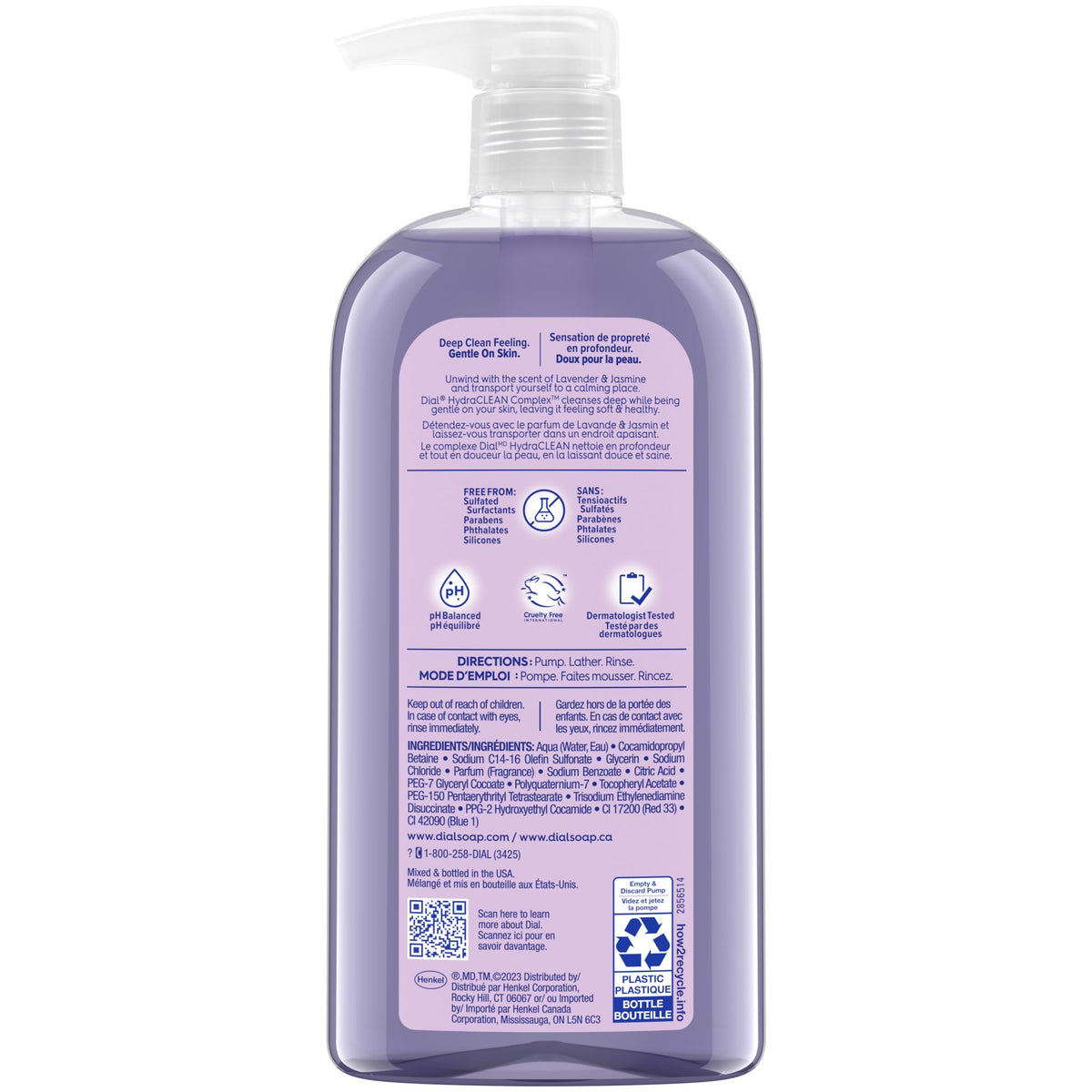 Back view of Dial Body Wash Calm & Soothe Lavender & Jasmine bottle