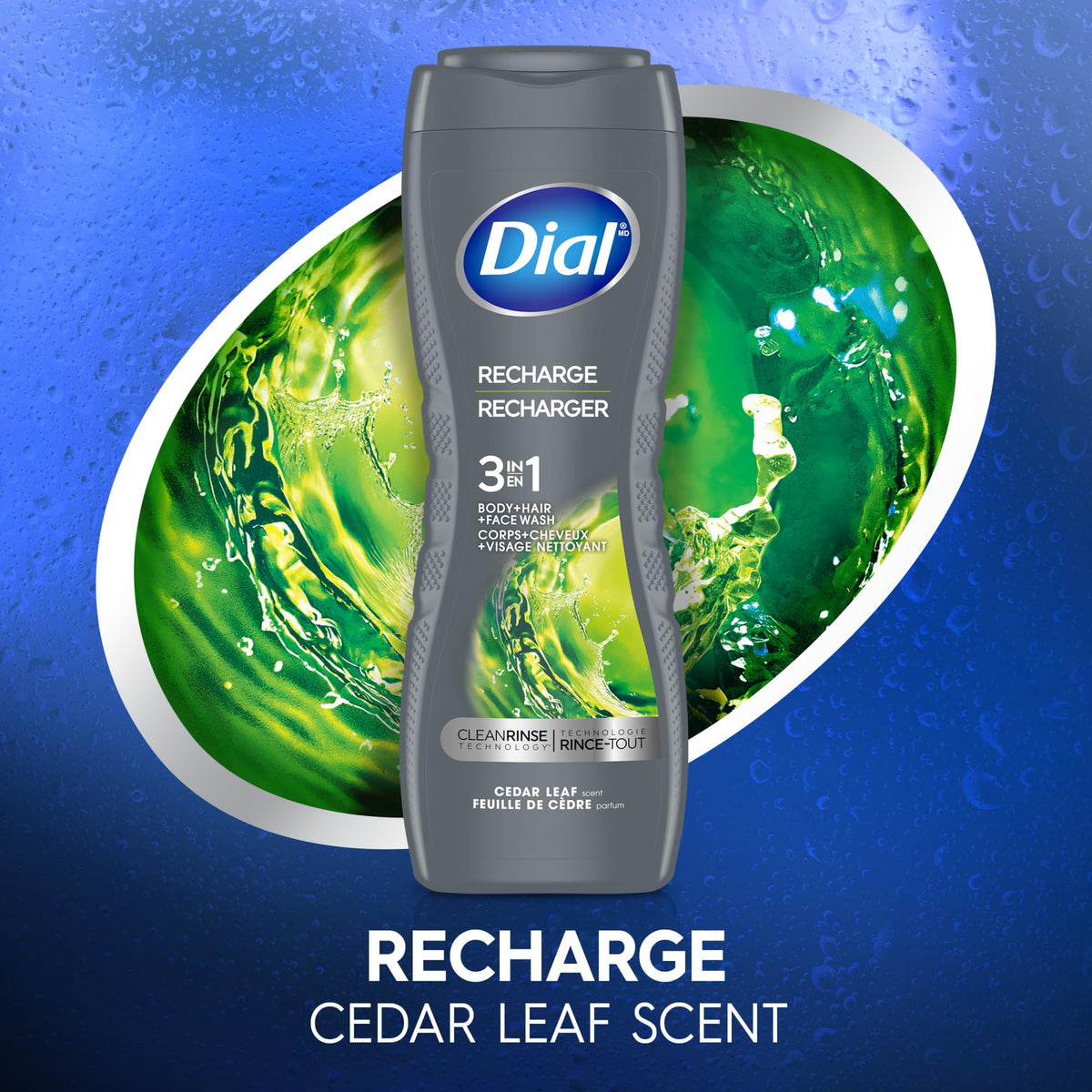 Back view of Dial Men 3 in 1 Body Wash bottle