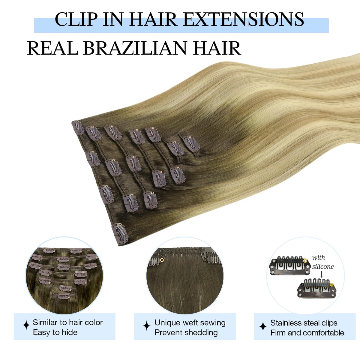 Back view of DOORES Clip in Hair Extensions 14 Inch