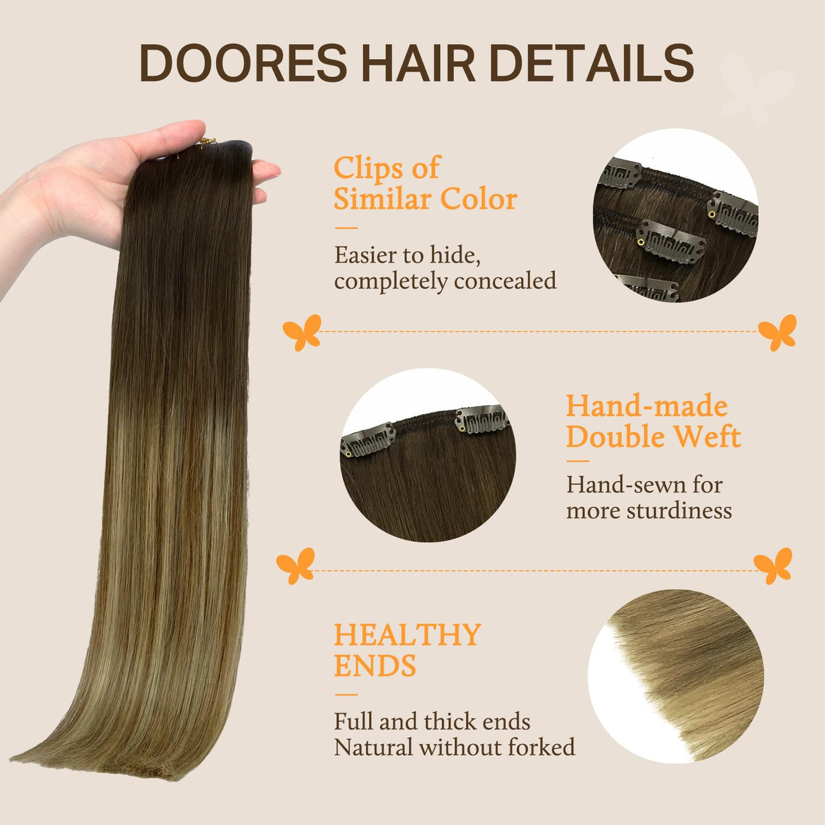 Back view of DOORES Clip in Hair Extensions
