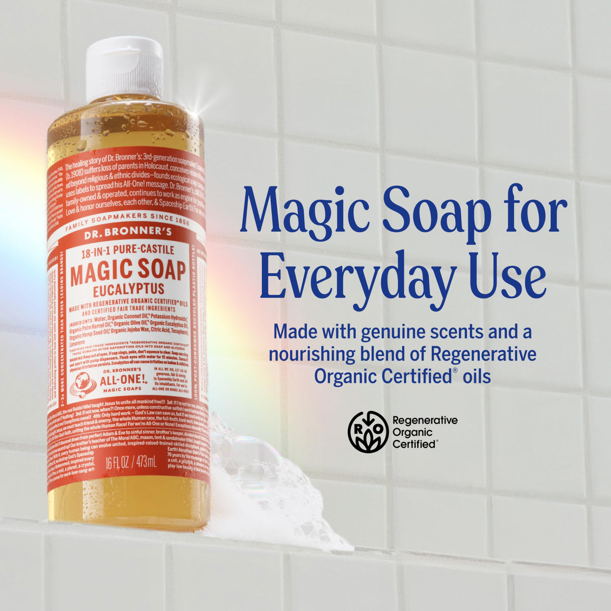 Back view of Dr. Bronner's Eucalyptus Pure-Castile Liquid Soap bottle