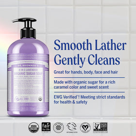 Back view of Dr. Bronner's Organic Sugar Soap Lavender bottle