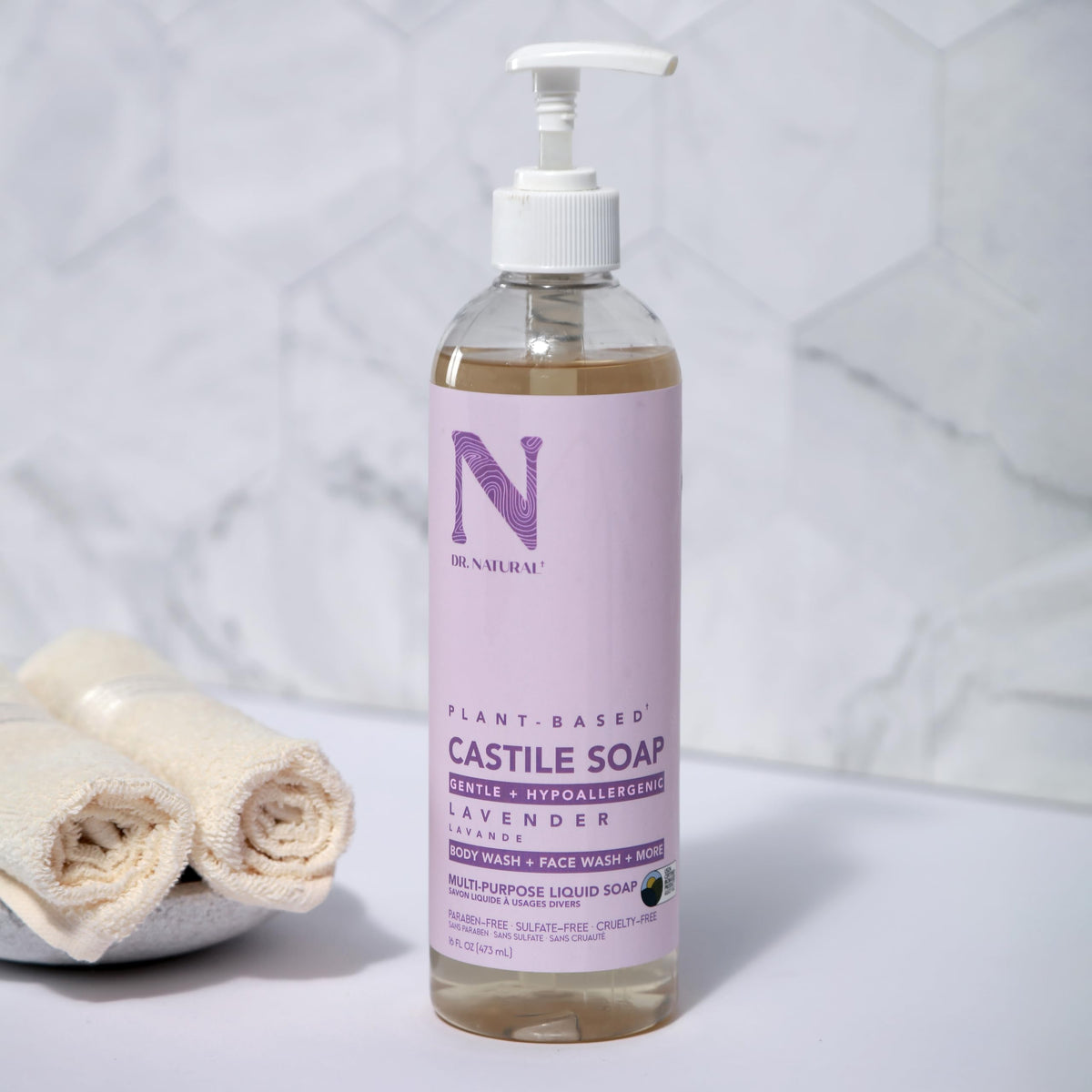 Back view of Dr. Natural Castile Liquid Soap 16 oz lavender bottle