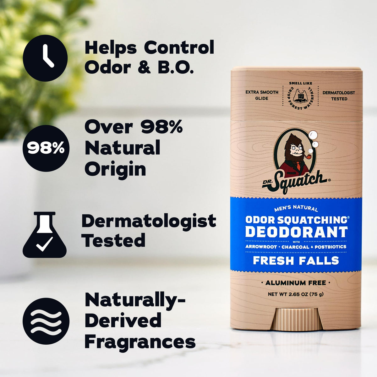 Back view of Dr. Squatch deodorant stick with ingredient list