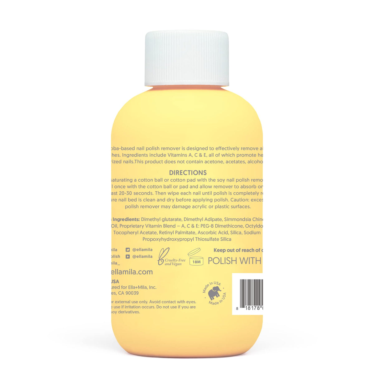 Back view of ella+mila Jojoba Nail Polish Remover bottle