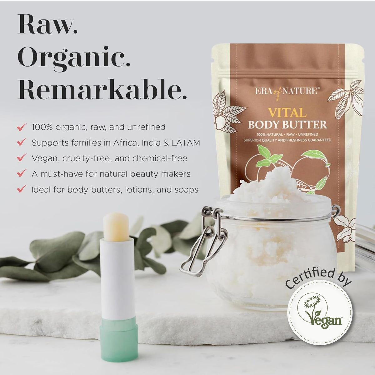 Back view of era of nature Organic Shea, Mango & Cocoa Body Butter packaging