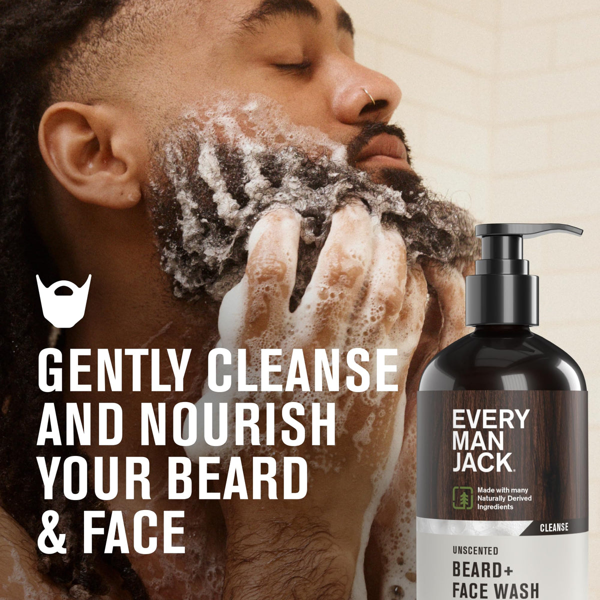 Back view of Every Man Jack Beard + Face Wash for Men, Unscented packaging