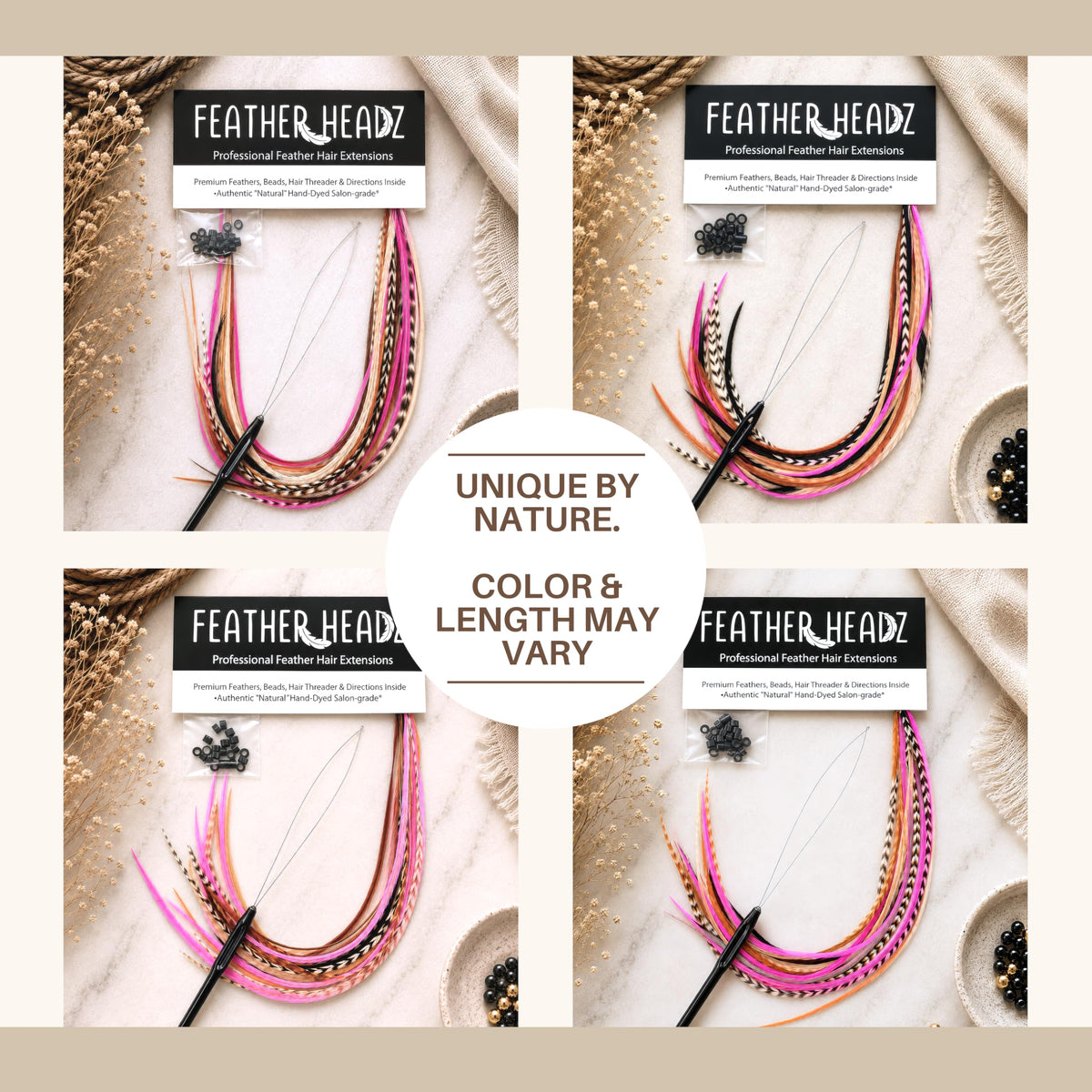 Back view of Feather Headz hair extensions showing natural and hot pink colours