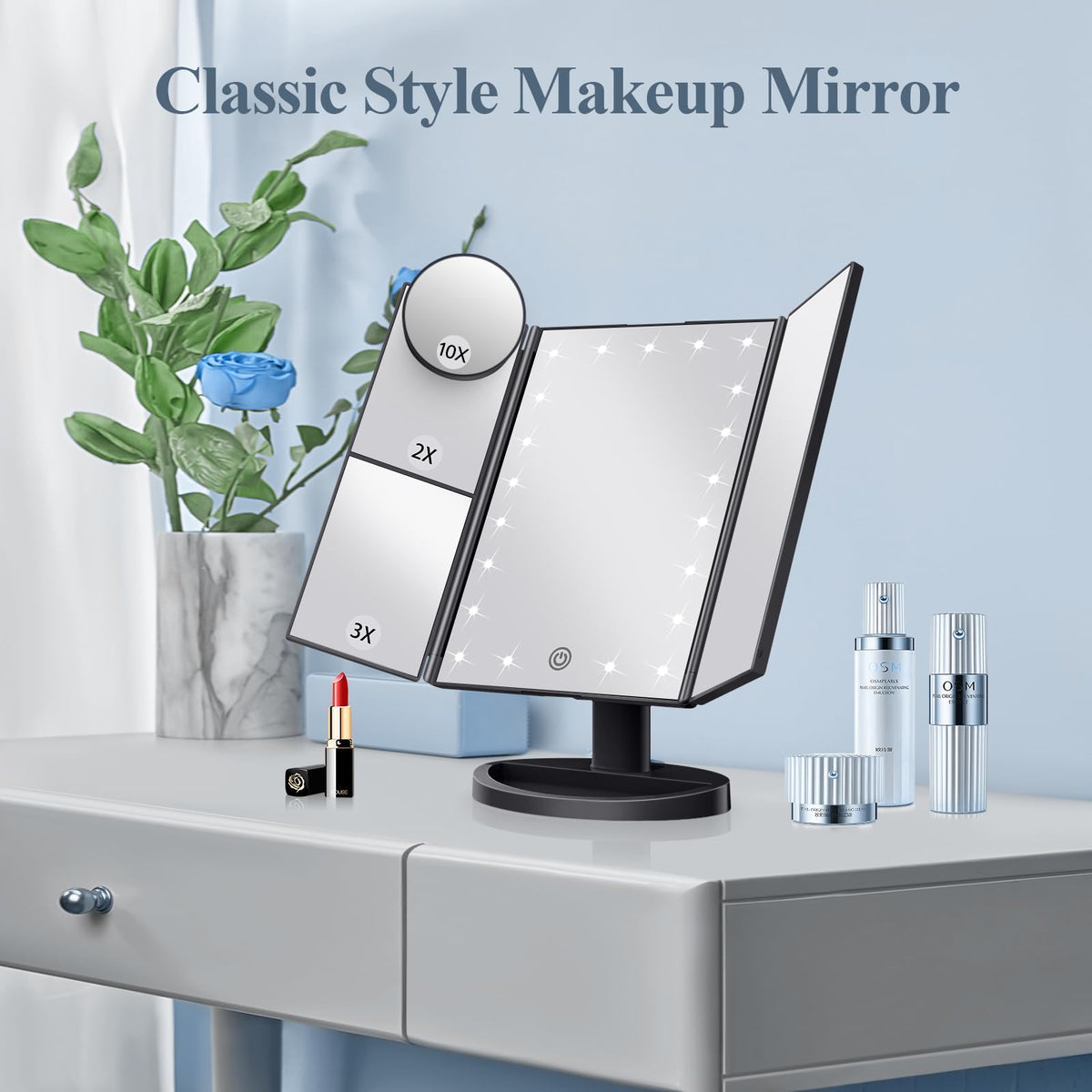 Back view of HUONUL Trifold Makeup Mirror with stable base
