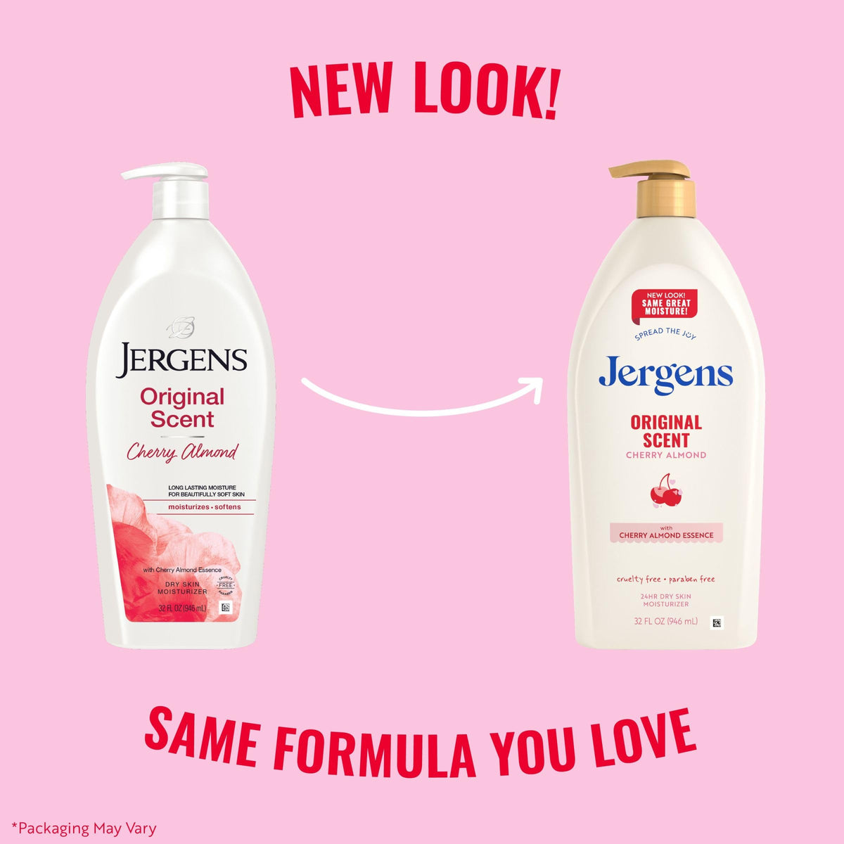 Back view of Jergens Cherry Almond Hand & Body Lotion packaging