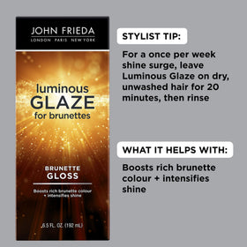 Back view of John Frieda Brilliant Brunette Luminous Hair Glaze packaging